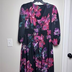 Julian Taylor Black and Pink Floral Long Sleeve Dress